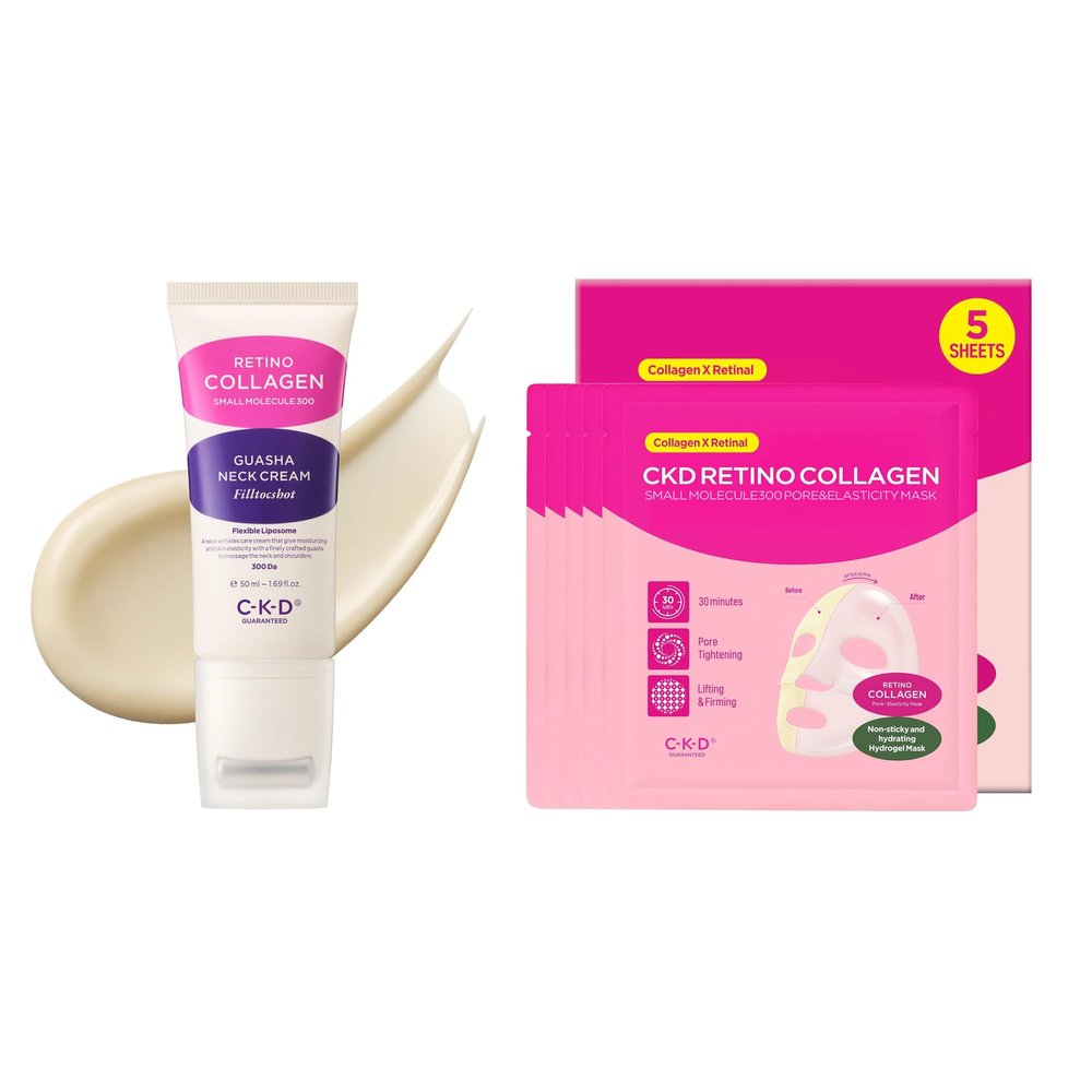 CKD Gua Sha Neck Cream Filltocshot (1.69 fl oz) + Retino Collagen Hydrogel Face Mask (5ea) Bundle Advanced Retinal & Collagen Anti-Aging Firming with Firming Jelly Mask for Wrinkle Reduction