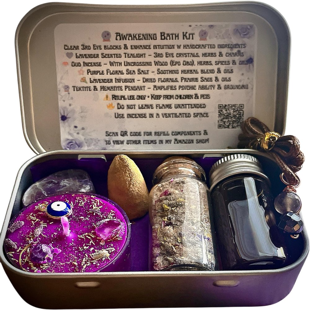 Awakening Bath & Shower Ritual & Spell Kit | Psychic & Spiritual Development | Stronger Than Florida Water | Lavender Herbal Salts | White Magic | Handmade Oud Uncrossing Incense (FMB - Purple)