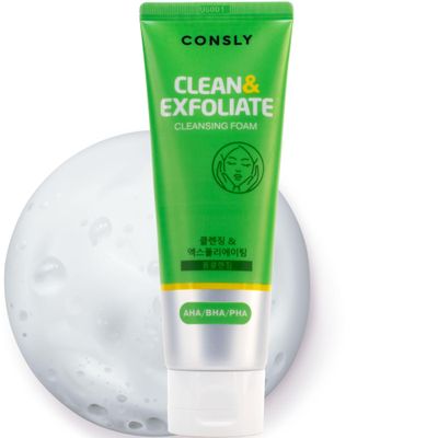 CONSLY Clean & Exfoliate Cleansing Foam Face Wash (AHA BHA PHA) | Gentle Exfoliating Daily Cleanser | Removes Makeup & Sunscreen | For All Skin Types | 120 ml / 4.06 fl oz