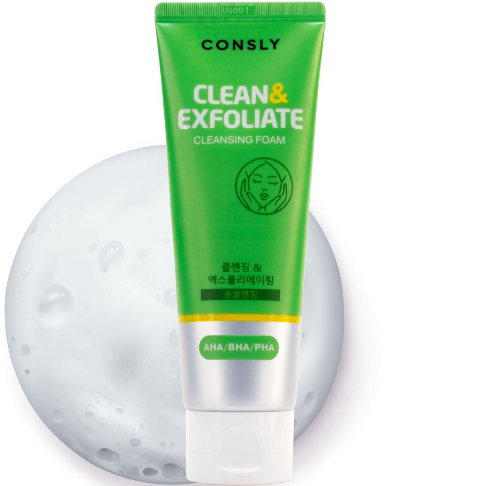 CONSLY Clean & Exfoliate Cleansing Foam Face Wash (AHA BHA PHA) | Gentle Exfoliating Daily Cleanser | Removes Makeup & Sunscreen | For All Skin Types | 120 ml / 4.06 fl oz