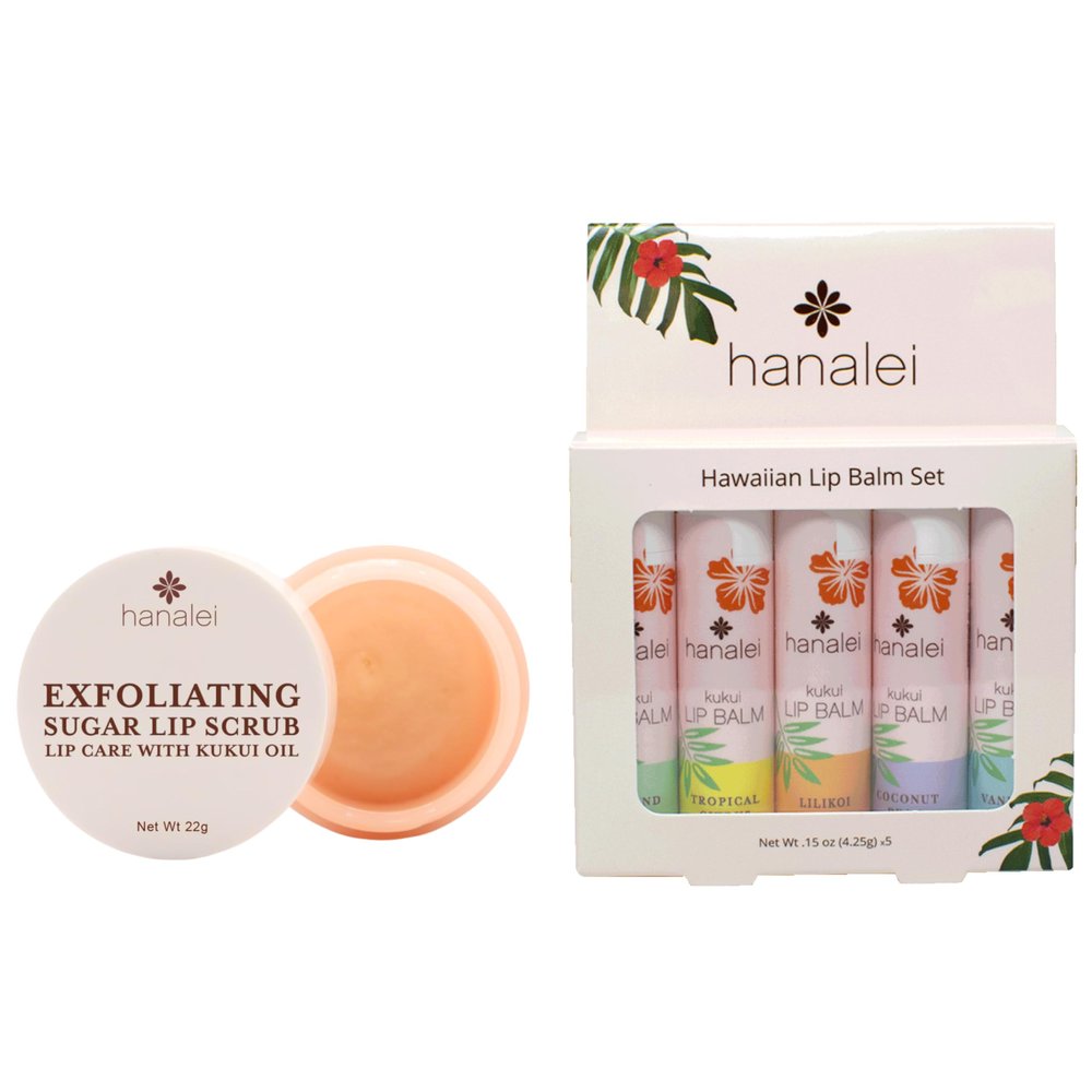 Hanalei Vegan Sugar Lip Scrub Exfoliator (22g) + Lip Balm Variety Pack (5 Tubes)  Hydrating Lip Care with Kukui Oil, Shea Butter & Beeswax  Smooth, Nourish & Protect Lips
