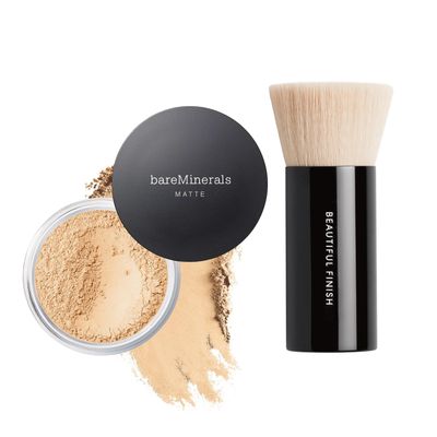 bareMinerals Original Matte Loose Powder Foundation SPF 15, Clean Mineral Powder Face Makeup, Sheer-to-Full Coverage, Reduces Shine, Talc-Free, Non-Comedoge + Beautiful Finish Foundation Brush Bundle