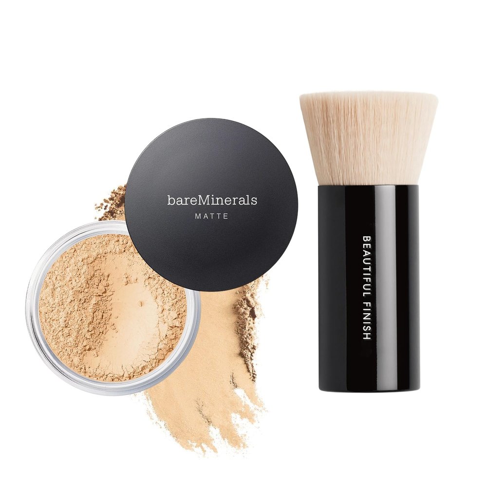 bareMinerals Original Matte Loose Powder Foundation SPF 15, Clean Mineral Powder Face Makeup, Sheer-to-Full Coverage, Reduces Shine, Talc-Free, Non-Comedoge + Beautiful Finish Foundation Brush Bundle