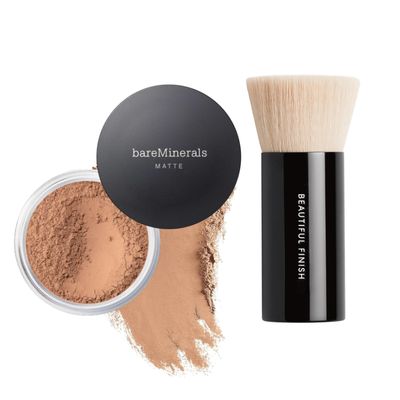 bareMinerals Original Matte Loose Powder Foundation SPF 15, Clean Mineral Powder Face Makeup, Sheer-to-Full Coverage, Reduces Shine, Talc-Free, Non-Comedoge + Beautiful Finish Foundation Brush Bundle