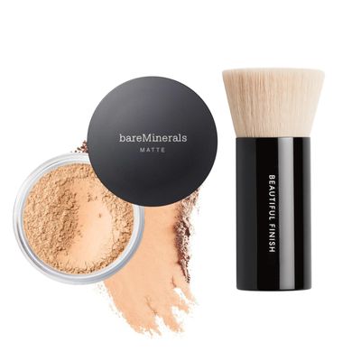 bareMinerals Original Matte Loose Powder Foundation SPF 15, Clean Mineral Powder Face Makeup, Sheer-to-Full Coverage, Reduces Shine, Talc-Free, Non-Comedoge + Beautiful Finish Foundation Brush Bundle