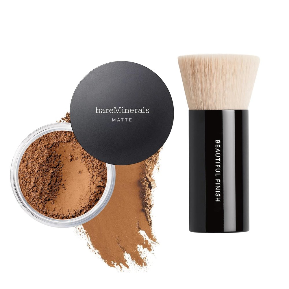 bareMinerals Original Matte Loose Powder Foundation SPF 15, Clean Mineral Powder Face Makeup, Sheer-to-Full Coverage, Reduces Shine, Talc-Free, Non-Comedoge + Beautiful Finish Foundation Brush Bundle