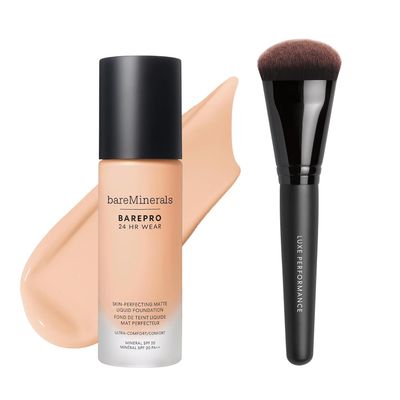 bareMinerals Barepro 24HR Wear Matte Liquid Foundation with Mineral SPF 20 + Luxe Performance Brush Bundle