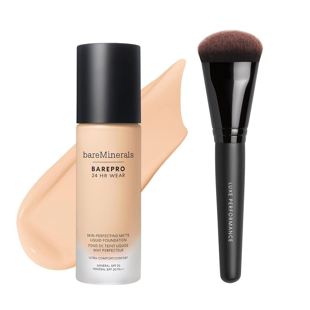 bareMinerals Barepro 24HR Wear Matte Liquid Foundation with Mineral SPF 20 + Luxe Performance Brush Bundle