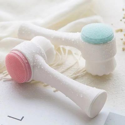 2pcs Sides Face Brush, 3D Stand Vertical Silicone Facial Wash Brush, 2 in 1 Facial Cleansing Brush Manual Dual-Action Face Brush for Acne, Clogged Enlarged Pores Sensitive Delicate, Pink+Blue