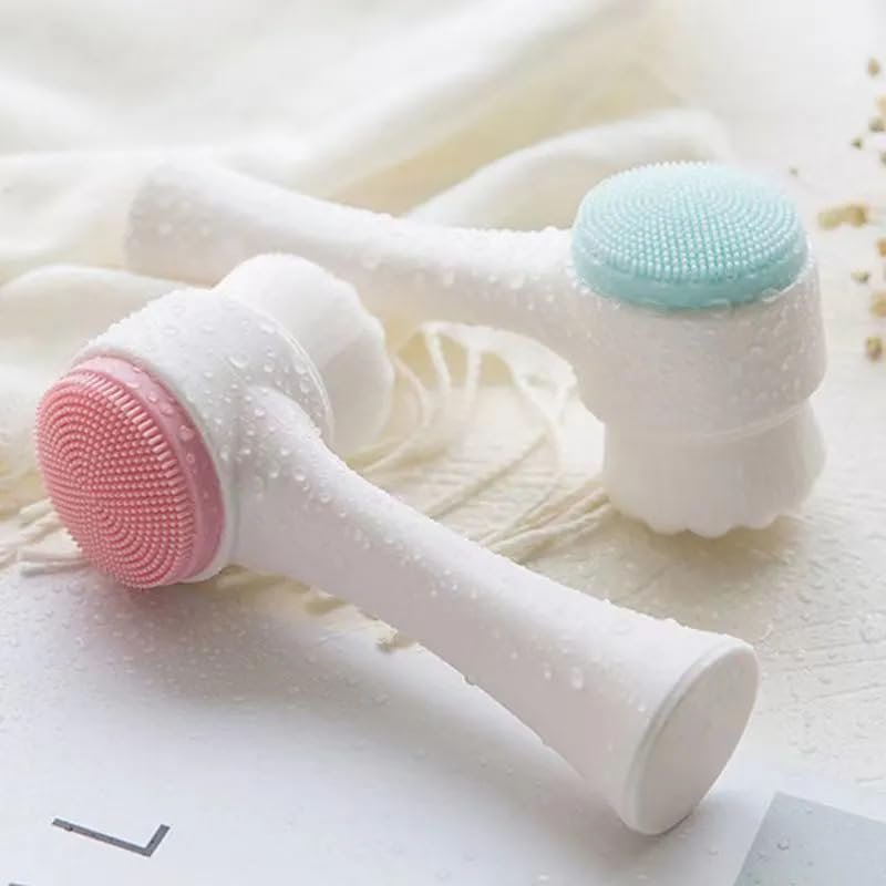 2pcs Sides Face Brush, 3D Stand Vertical Silicone Facial Wash Brush, 2 in 1 Facial Cleansing Brush Manual Dual-Action Face Brush for Acne, Clogged Enlarged Pores Sensitive Delicate, Pink+Blue