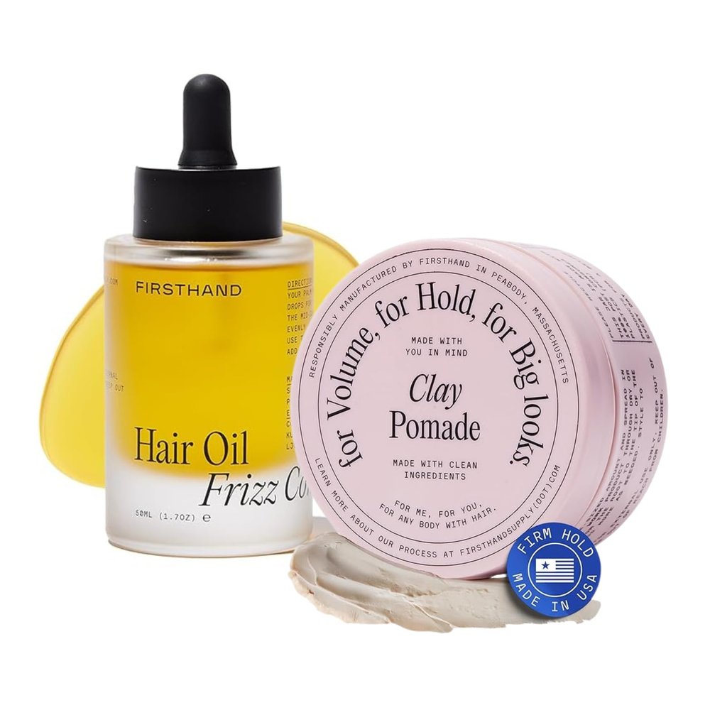 Firsthand Supply Hair Oil 1.7oz & Clay Pomade 3oz Bundle Nourishing Oil for Frizz-Free Shine & Water Based, Matte Styling Pomade with Strong Hold Hair Clay for Men and Women All Hair Types