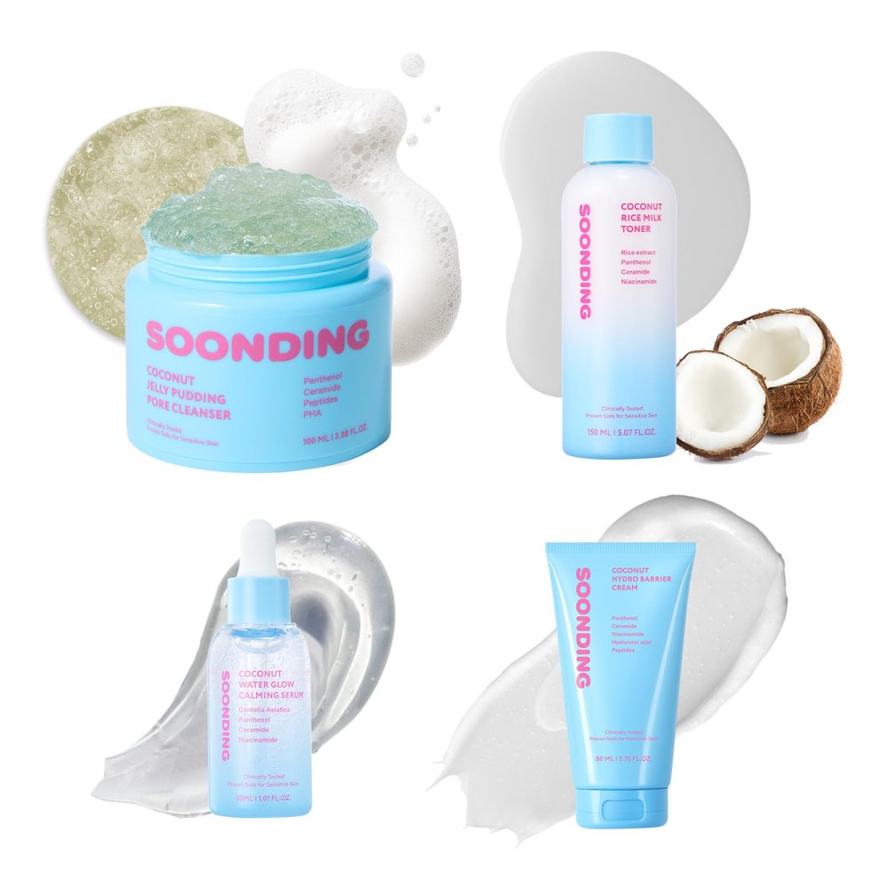 SOONDING 4 Step Coconut Glass Skin Full Korean Skincare Set, Coconut Jelly Pudding Pore Cleanser, Rice Milk Toner, Water Glow Calming Serum, Hydro Barrier
