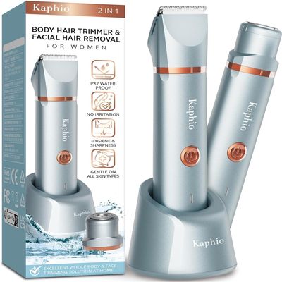 Bikini Trimmer for Women Pubic Hair: 2 in 1 Electric Razors for Women - IPX7 Waterproof Lady Shaver for Travel & Home Use (Blue-Gold)