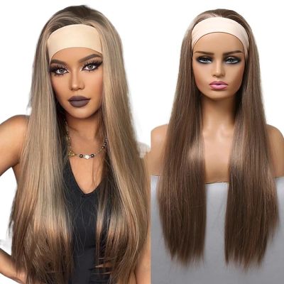 wigs Long Straight Headband Synthetic Wigs Black with Brown Highlight Headband Wig Heat Resistant Daily Fake Hair for Women hairpiece(HB008-1)