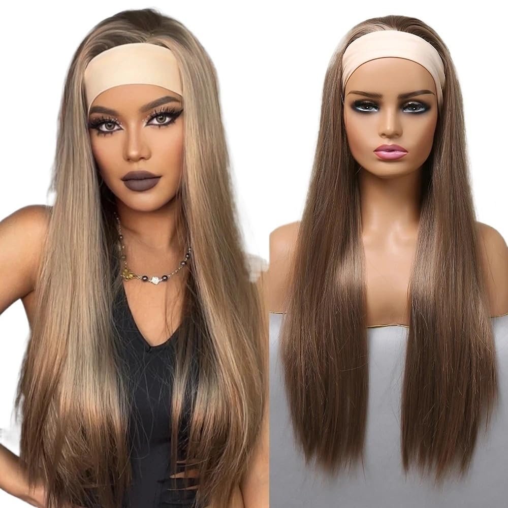 wigs Long Straight Headband Synthetic Wigs Black with Brown Highlight Headband Wig Heat Resistant Daily Fake Hair for Women hairpiece(HB008-1)