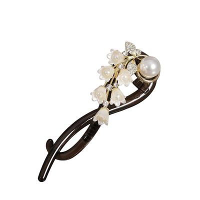 Elegant Pearl Flower Hair Clip, Gold-Tone with Crystal Accents, Black