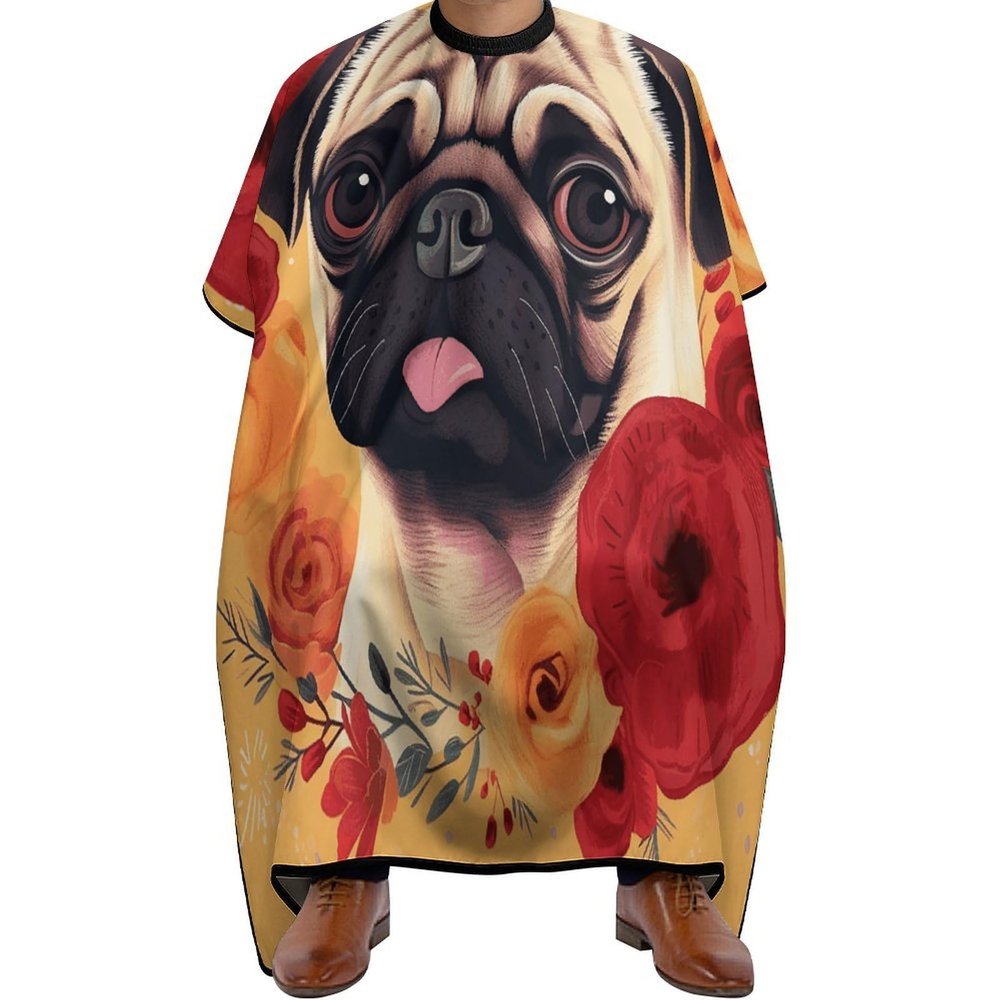 Pug Flower Barber Cape for Adult Hair Cutting Cape with Adjustable Snap Closure, Durable Haircut Capes for Salon & Home Use