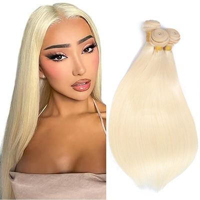 AuokMar Blonde Bundles 613 Straight Bundles Huma Hair 12 14 16 inch Double Weft Soft Real 613 Blonde 3 Bundle Human Hair Extensions 150g