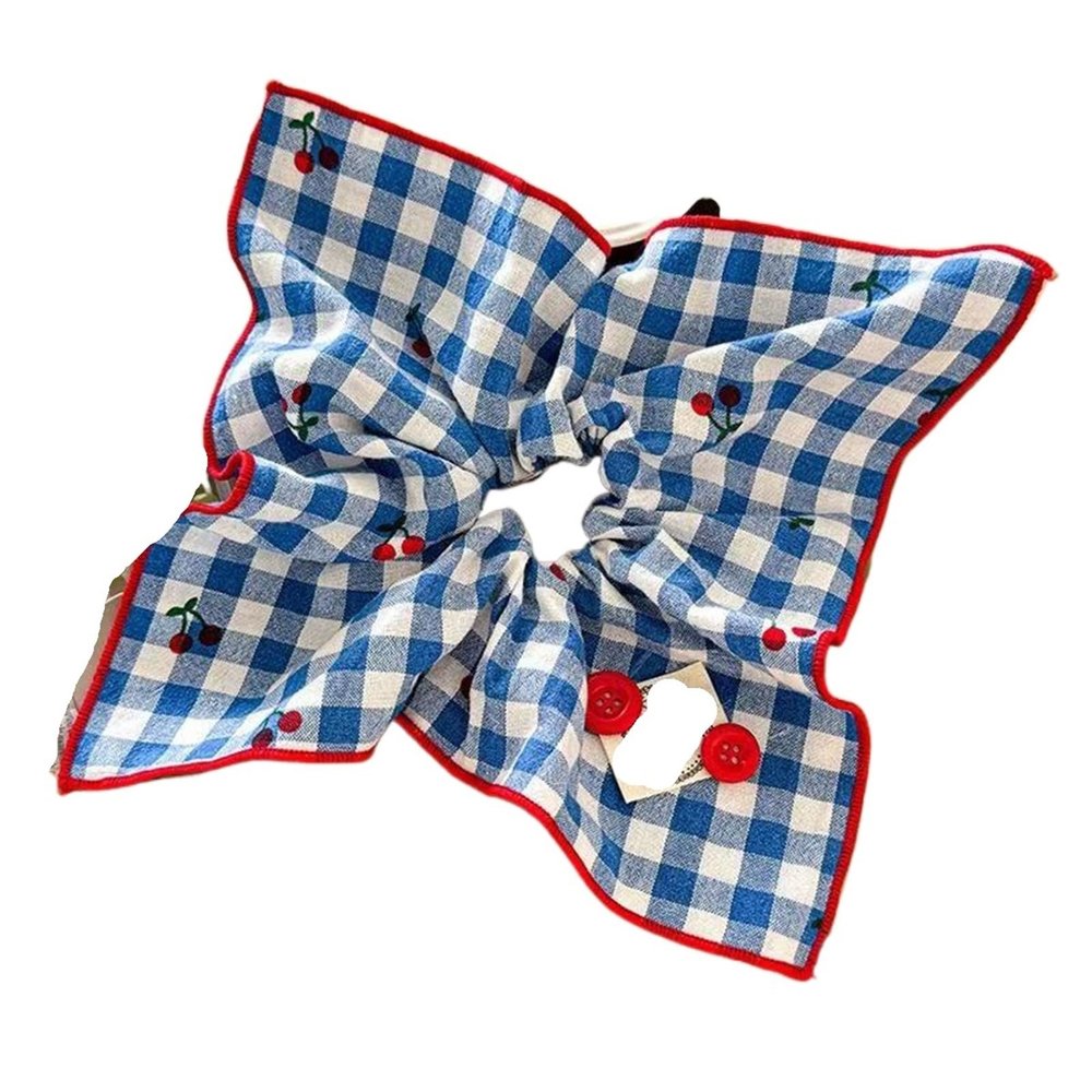 1pc Cherry Blue Plaid Button Square Scarf Large Intestine Scrunchie, Women's Hair Tie, Low Ponytail Head Rope for Women or Girls