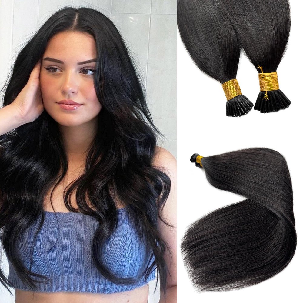I Tip Hair Extensions Real Human Hair, 14 Inch 50G, Natural Black I Tip Extensions Human Hair Silky Straight Keratin Tip Hair Extension Cold Fusion I Tip Bundles 100 Strands Per Pack