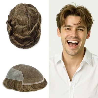 Swiss Lace Hair System For Men Toupee European Human Hair Replacement System Toupee For Men Hair Piece Human Hair 7X9-100% Light To Medium Density#1810#18 Medium Blonde+10% Synthetic Grey