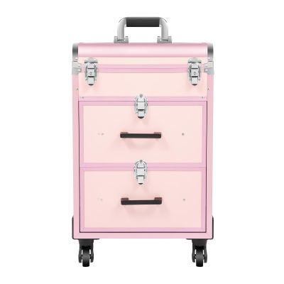 GAMIGIME Professional Rolling Makeup Train Case, Rolling Makeup Case with Drawer and Swivel Wheels, Large Cosmetic Trolley for Beauty Centers, Salons and Private Homes (Pink)