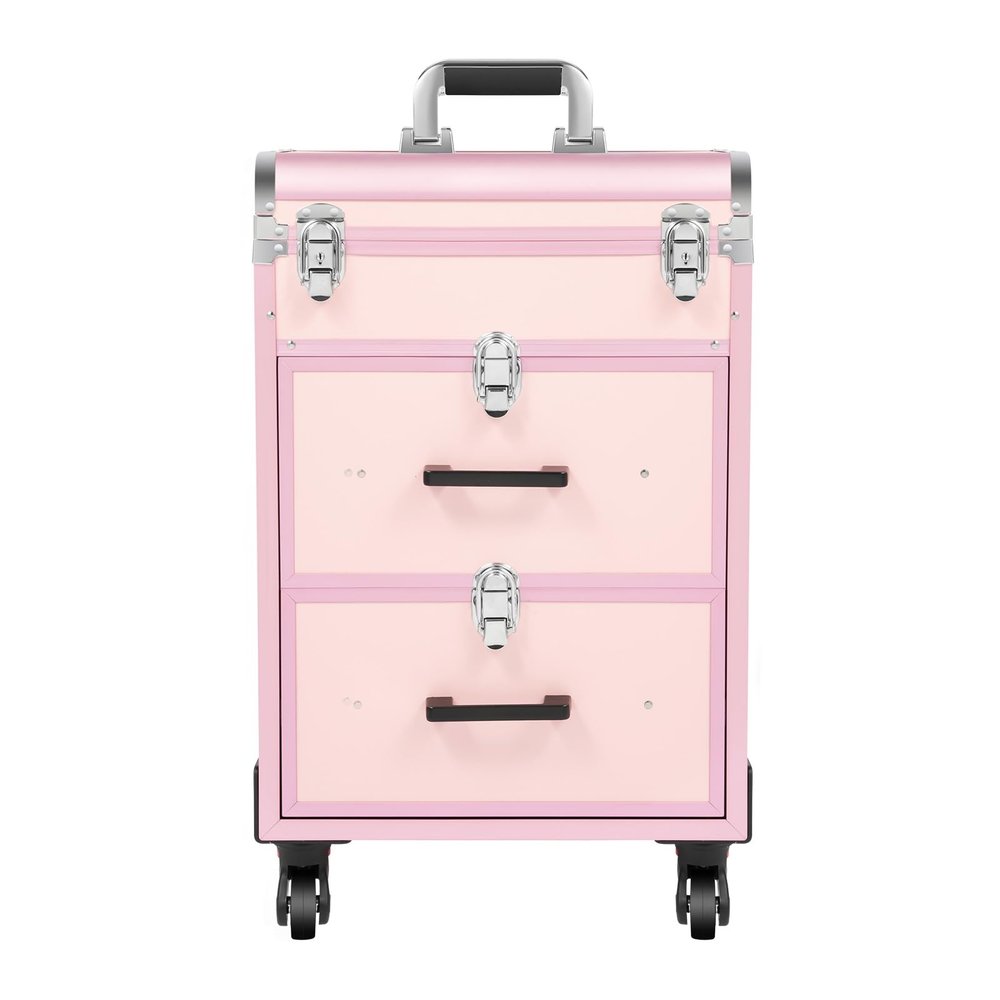 GAMIGIME Professional Rolling Makeup Train Case, Rolling Makeup Case with Drawer and Swivel Wheels, Large Cosmetic Trolley for Beauty Centers, Salons and Private Homes (Pink)