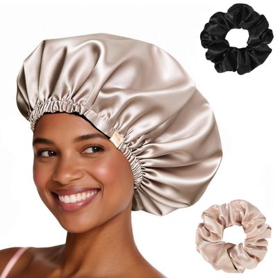 MIS-SILK Bonnet Sleeping for Women Satin Hair Bonnet, Anti Frizz Silk Sleep Cap Women-Hair Accessories Beige