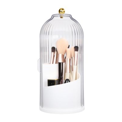 3 Tier Makeup Organizer with Clear Lid - 360 Rotating Protective Vanity Brush Holder for Bathroom Countertop White