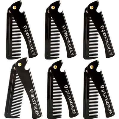 6 Pcs Groomsmen Combs Black Folding Beard Comb with Opener Foldable Portable Pocket Hair and Mustaches Comb for Grooms Best Man Wedding Proposal Gifts