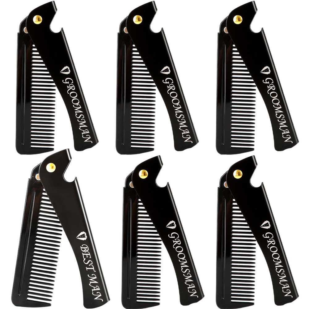 6 Pcs Groomsmen Combs Black Folding Beard Comb with Opener Foldable Portable Pocket Hair and Mustaches Comb for Grooms Best Man Wedding Proposal Gifts