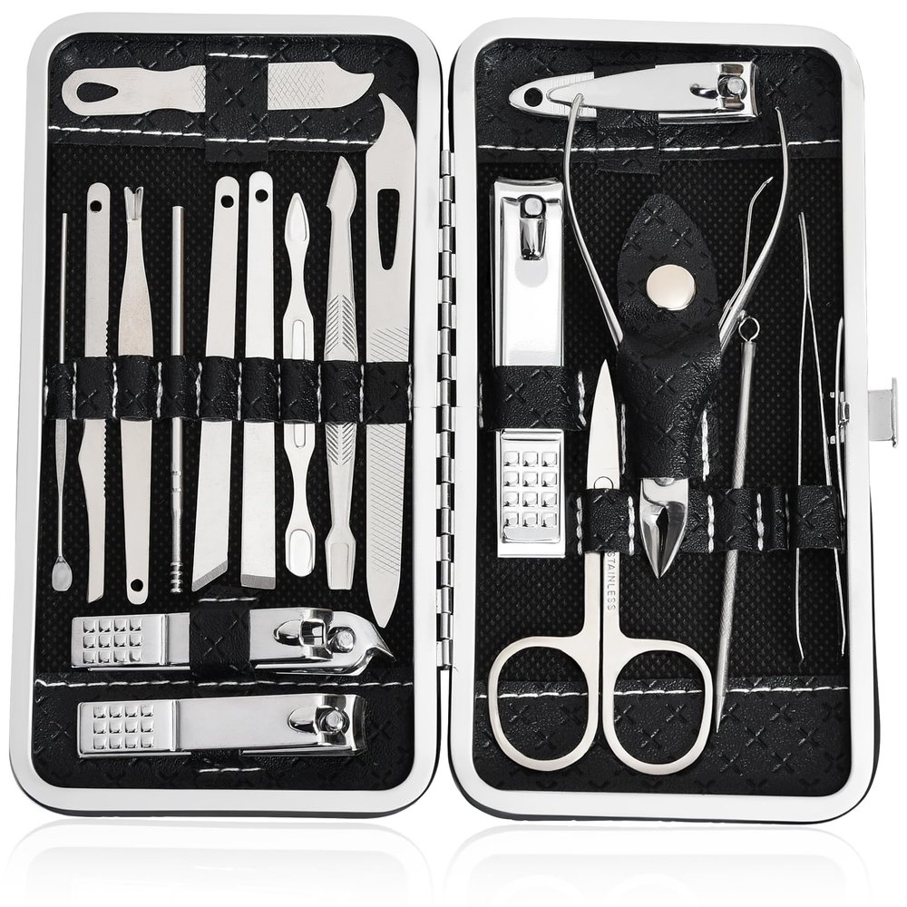 19 in 1 Manicure Set & Nail Clippers Kit, Professional Stainless Steel Grooming Kit for Women & Men, Complete Nail Care Tools with Travel Case, Ideal for Toenail, Pedicure, Home Use or Travel, Black