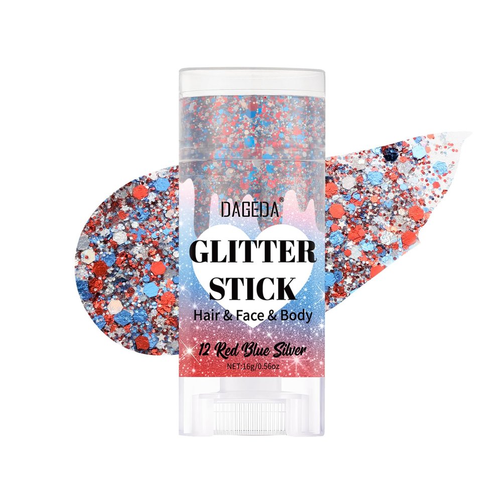 DAGEDA Red White and Blue Body Glitter Stick, Sparkly Face Glitter Makeup, 4th of July Outfits Accessories for Women, Shimmer Face Paint Stick, Fourth of July Independence Day Costumes Accessories