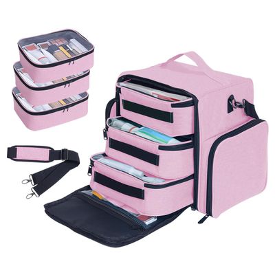 BODMZUANHO Train Case Makeup Bag Large Cosmetic Organizer with 3 Inner Removable Pouches Multifunctional Travel Makeup Artist Storage,Pink