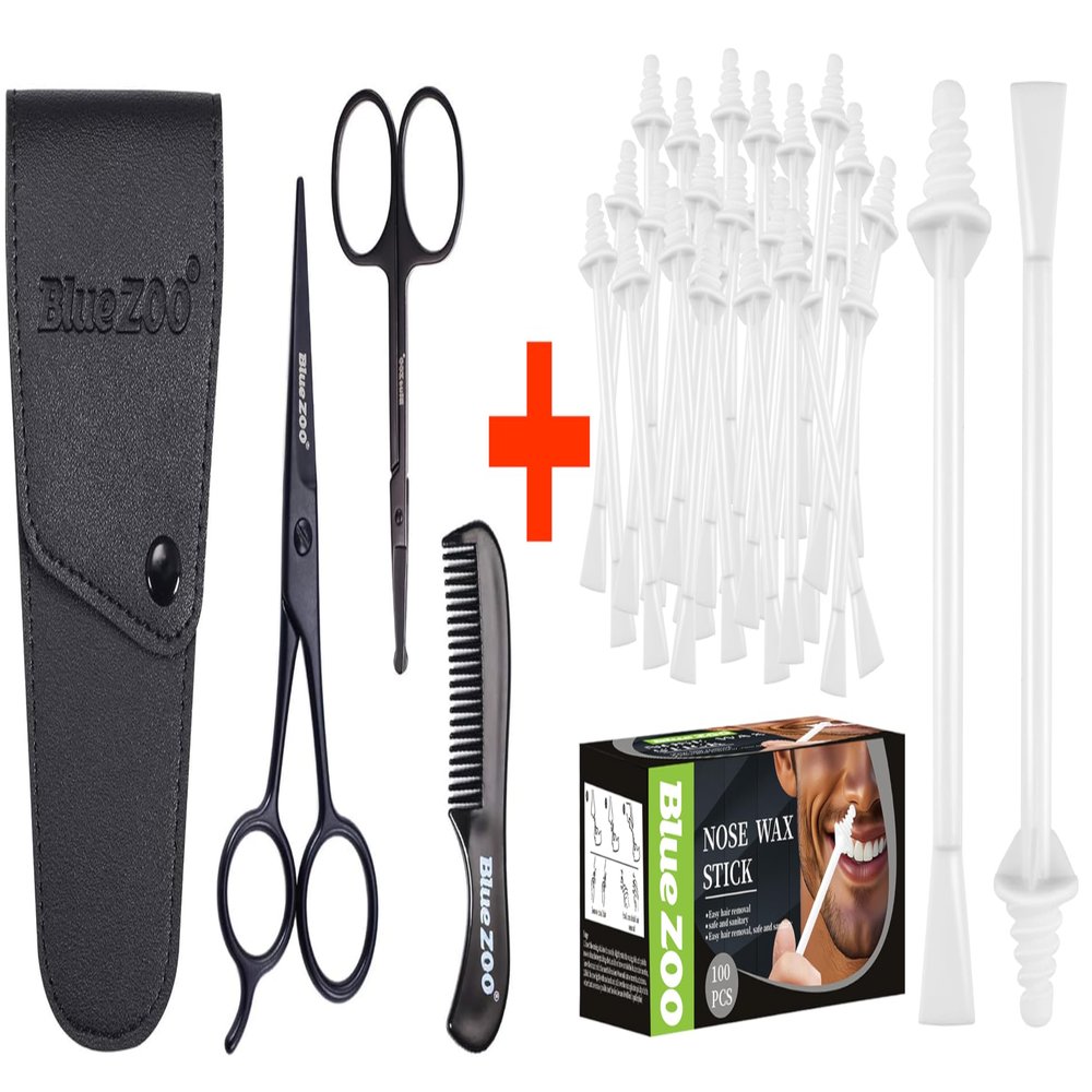 Beard Scissors Comb and 100Pcs Nose Wax Sticks Kit for Men and Women Personal Care Grooming, Ear Face Eyebrow Mustache Hair Removal, Christmas New Year Gift