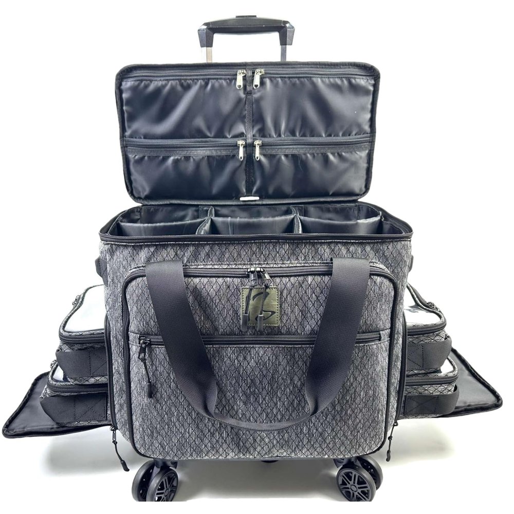 BaltFrist Rolling Makeup Bag with 4 Removable BagsTrolley Cosmetic Bag with 5pcs 360Rotating Wheels,Makeup Artist Travel Bag with Brushes Storage SectionBlack Diamond Grid