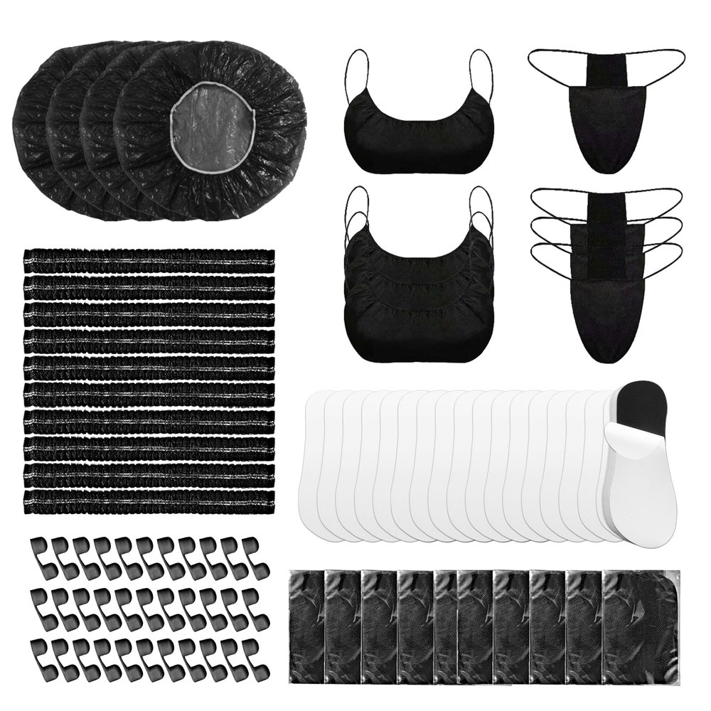 100 Pcs Tan Spray Tanning Essentials Kit: 20 Each Hair Nets, Nose Plugs, Sticky Spray Tan Feet Pads & Disposable Undergarments,Premium Quality Accessories for Salons
