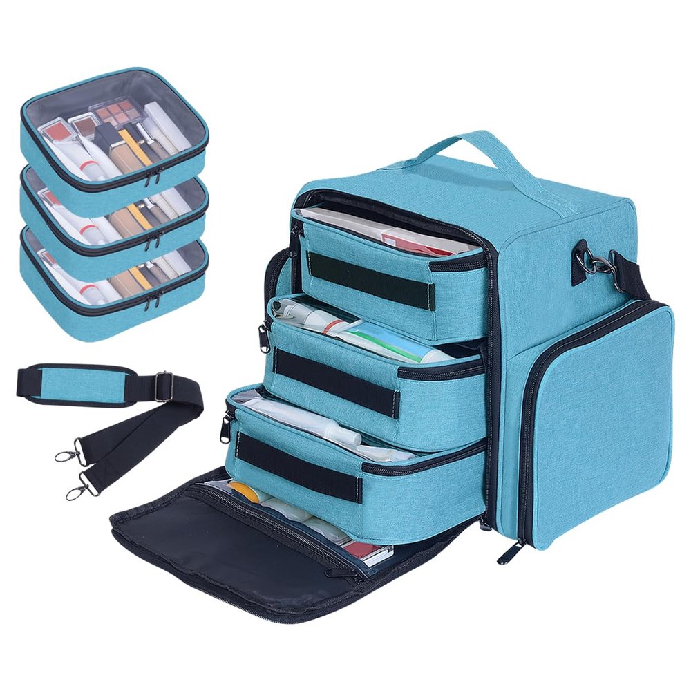 BODMZUANHO Train Case Makeup Bag Large Cosmetic Organizer with 3 Inner Removable Pouches Multifunctional Travel Makeup Artist Storage,Green