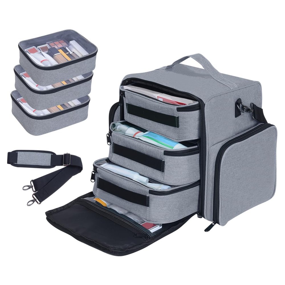 BODMZUANHO Train Case Makeup Bag Large Cosmetic Organizer with 3 Inner Removable Pouches Multifunctional Travel Makeup Artist Storage,Grey