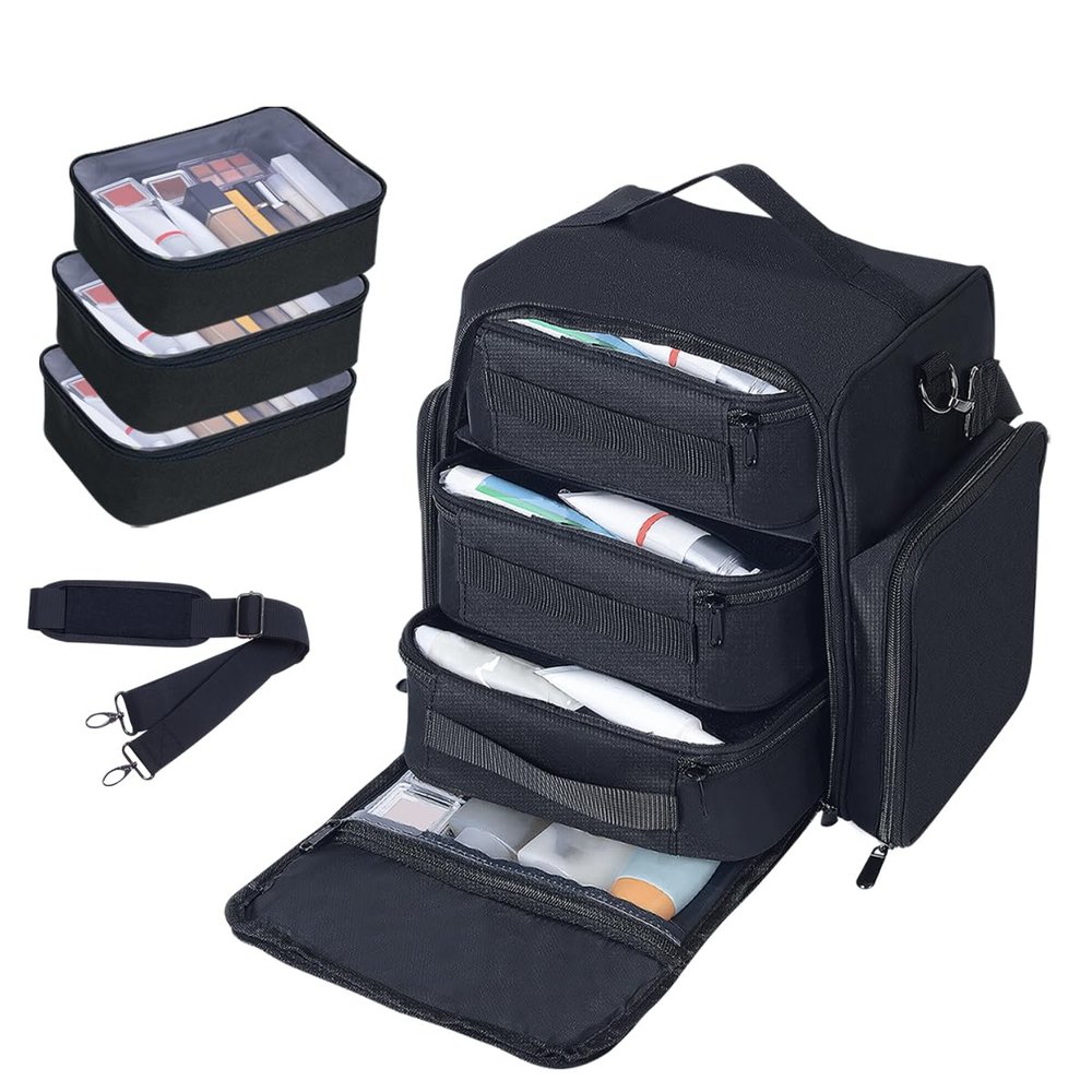 BODMZUANHO Train Case Makeup Bag Large Cosmetic Organizer with 3 Inner Removable Pouches Multifunctional Travel Makeup Artist Storage,Black