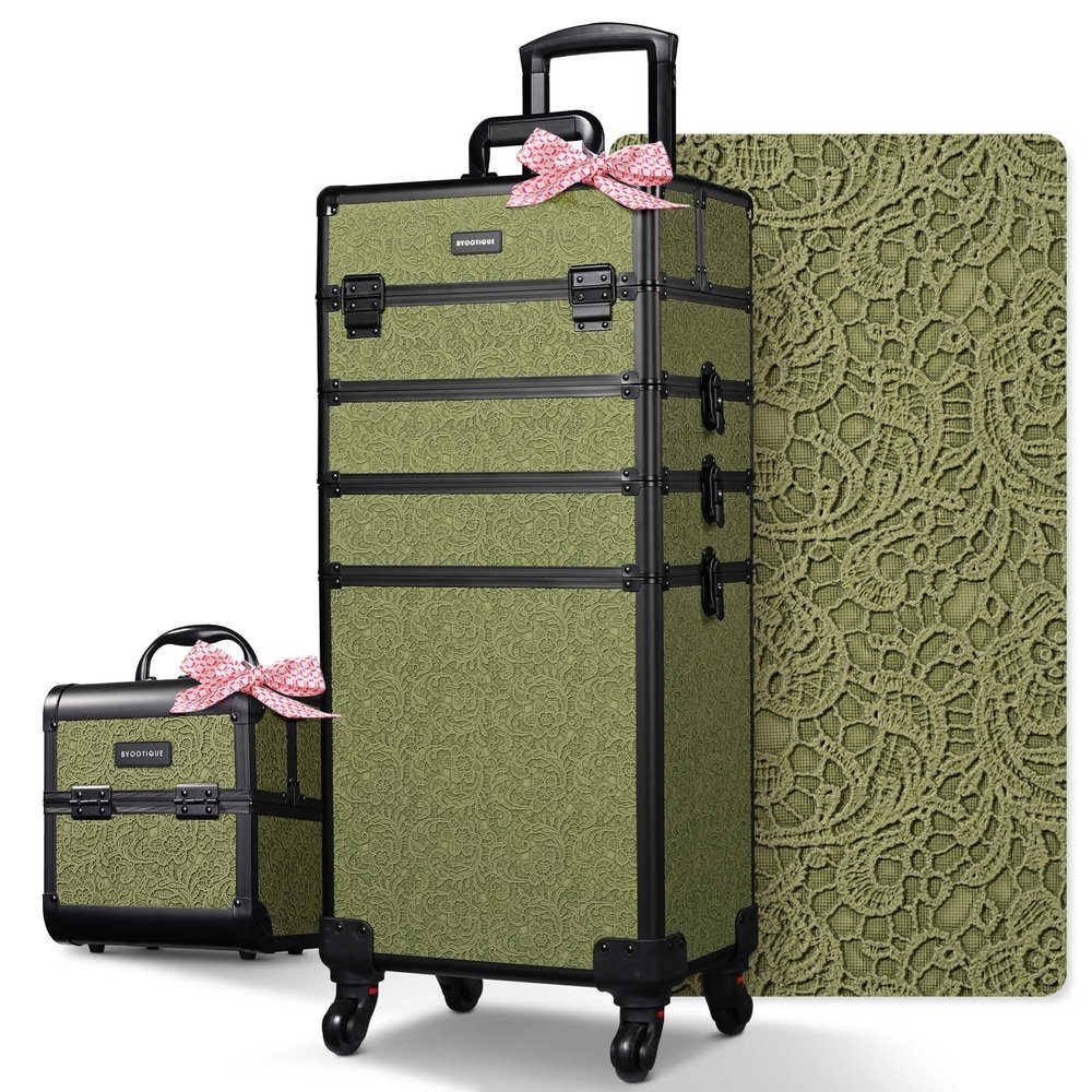 BYOOTIQUE Makeup Train Case Trolley w/Cube Case Cosmetic Organizer Rococo Green