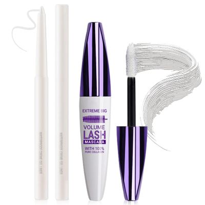 AOAZXBB White Mascara and Eyeliner Set 5D Coloured Mascara for Eyelashed, Volumizing Curling Defining Eye Lashes, Long-Lasting Waterproof White Makeup