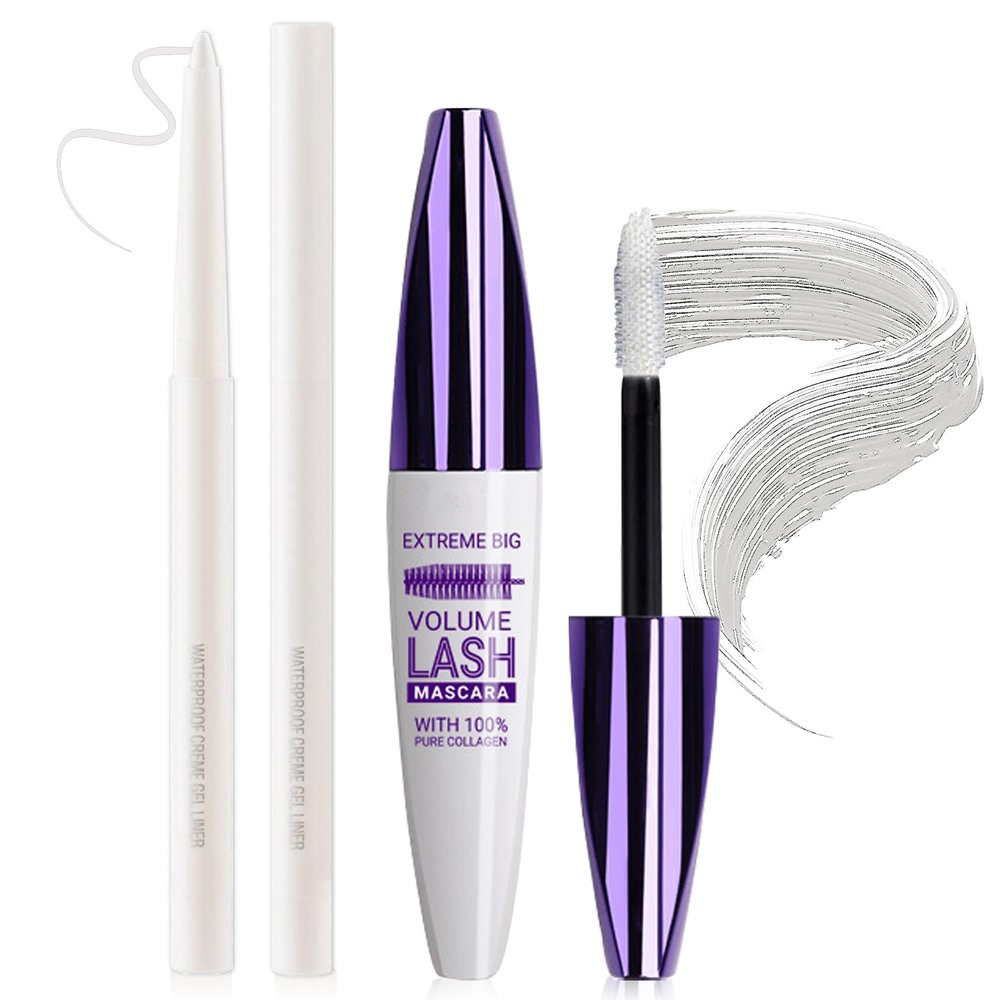AOAZXBB White Mascara and Eyeliner Set 5D Coloured Mascara for Eyelashed, Volumizing Curling Defining Eye Lashes, Long-Lasting Waterproof White Makeup