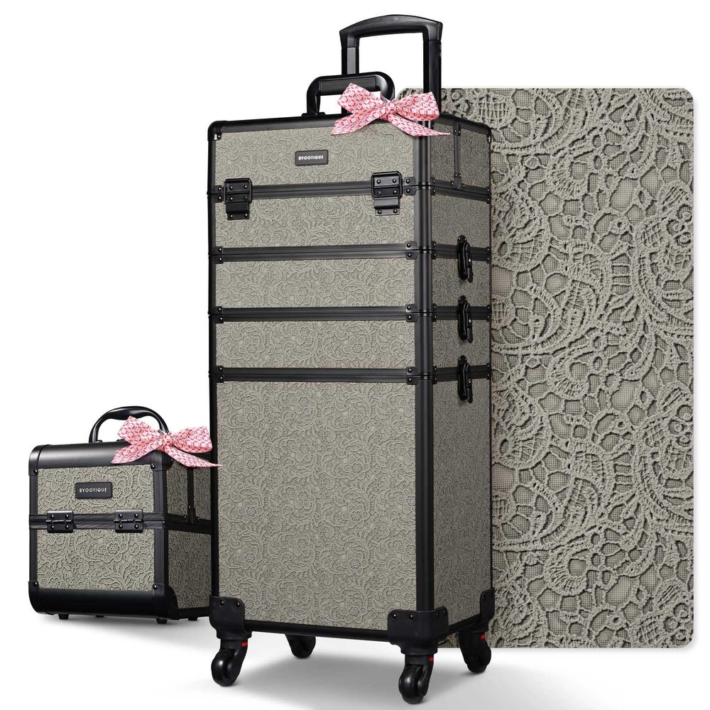 BYOOTIQUE Makeup Train Case Trolley w/Cube Case Cosmetic Organizer Rococo Gray
