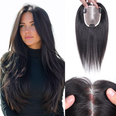 AiUree Short Hair Toppers for Women 10" Large Wiglets Hairpieces for Thinning Hair 4.3"x5.1" Handmade MONO Base Natural Colour Clip in Human Hair Toppers Hairpieces for Women