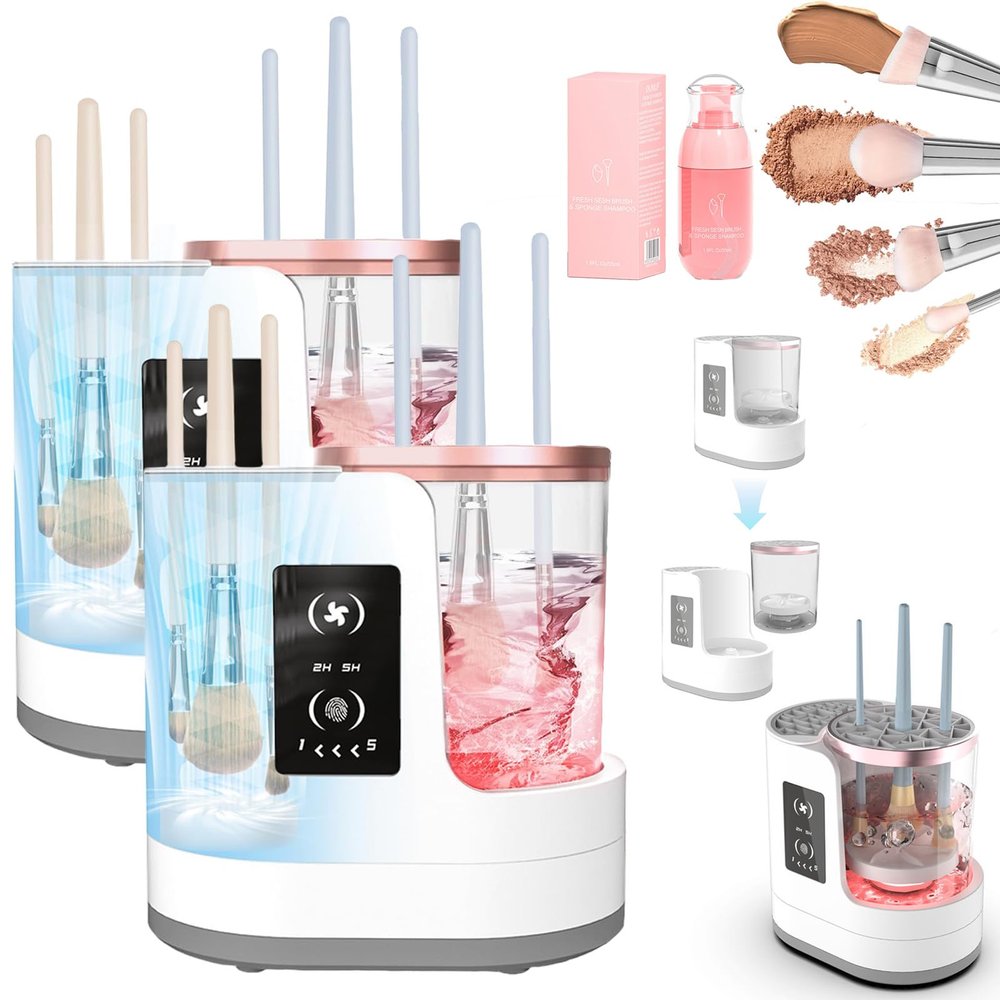 Makeup Brush Cleaner, Makeup Brush Cleaner Machine with Sponge Shampoo, 3 IN 1 Electric cosmetic brush cleaner with Make up Brush Dryer-Holder Suitable for All Brushes (2PC)