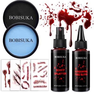 BOBISUKA Fake Blood Set + Scar Tattoos + Black & Sally Blue Face Paint Makeup Kit for Halloween SFX Makeup, Cosplay, Parties, Theater & Stage
