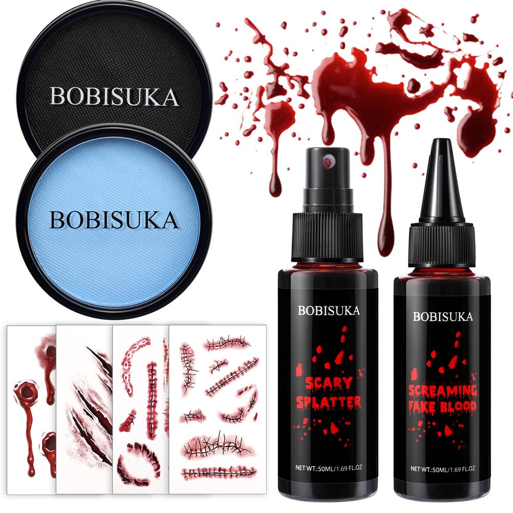 BOBISUKA Fake Blood Set + Scar Tattoos + Black & Sally Blue Face Paint Makeup Kit for Halloween SFX Makeup, Cosplay, Parties, Theater & Stage