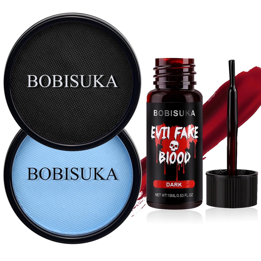BOBISUKA Stage Blood(Dark) + Black & Sally Blue Face Paint Makeup Kit for Halloween SFX Makeup, Cosplay, Parties, Theater & Stage