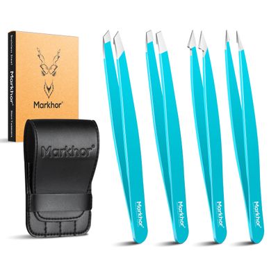 MARKHOR Crystal Cyan Eyebrow Tweezers for Women Facial Hair, Splinter and Ingrown Hair Removal Tweezers Set, Professional Pointed and Slant Tweezers for Eyebrows, Precision Tweezers for Eyebrows